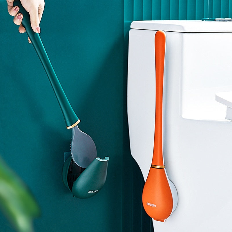 Wall-Mounted Long Handled Toilet Brush Set | Modern Silicone Toilet Brushes with Holder